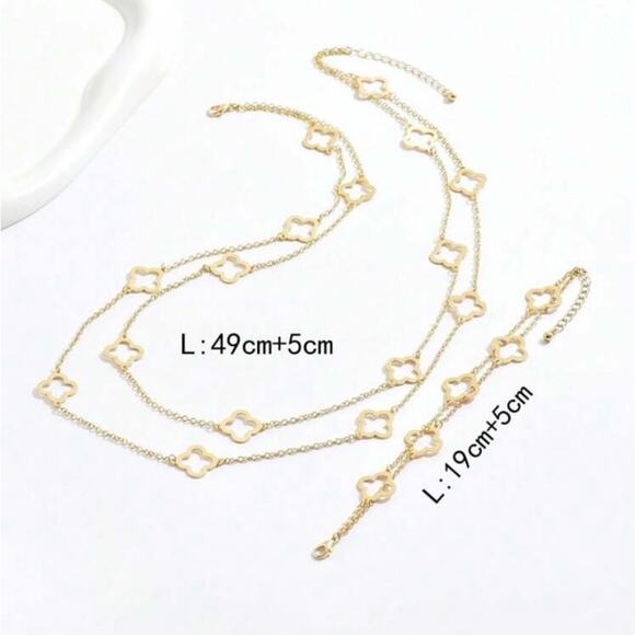 Gold Four Leaf Clover Necklace Bracelet Set Luxury Two Piece Set - Picture 4 of 4